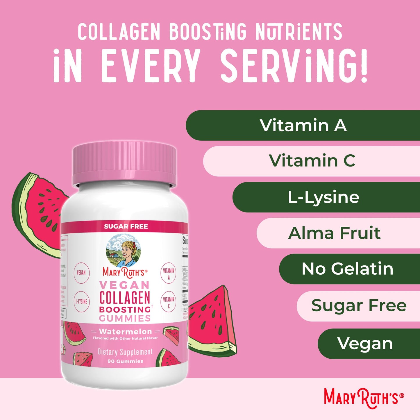 MARYRUTH'S Organics Vegan Collagen for Women & Men, Collagen Boosting Gummies, Skin Care, Lysine, Vitamin C, Vitamin A, Amla, Supplement for Hair & Skin, Vegan, Non-GMO, Gluten Free, 90 Servings