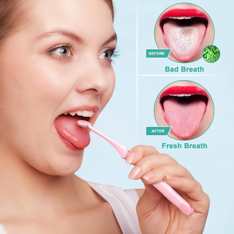 Tongue Scraper Cleaner Brush - Effective Oral Care Tool for Bad Breath | 2 Pack with Travel Case - Pink & White