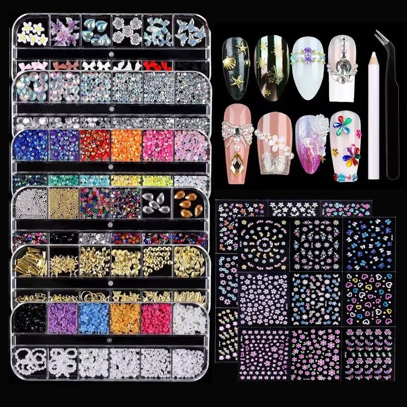 6 Box Nail Charms and Gems, Fruit Bow Hawaii Flowers Petals 3D Nail Art Charms and Flower Nail Art Stickers, Charms Y2K for Nails, Colorful Bubble Beads Nail Rhinestones