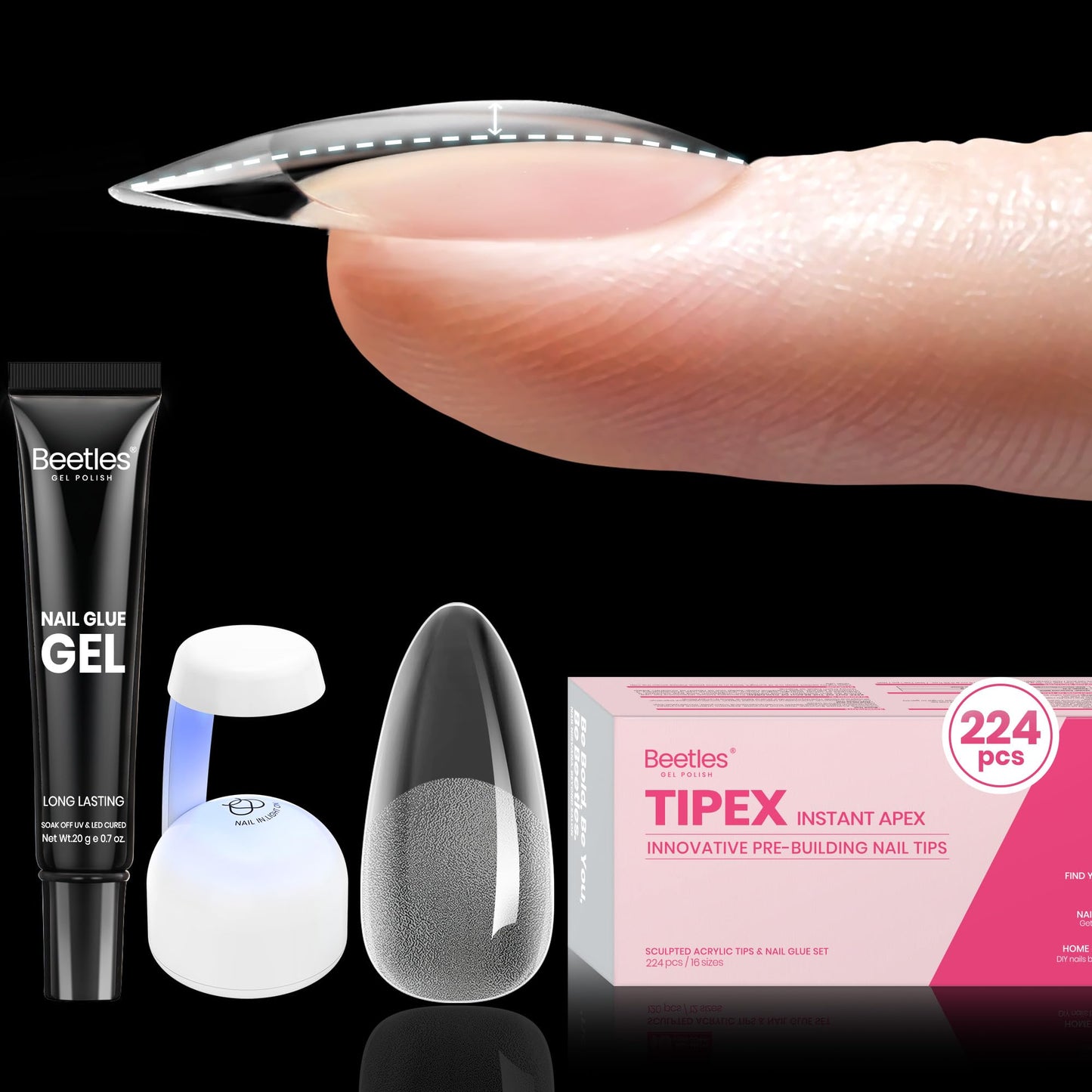 Beetles Tipex Instant Apex Medium Almond Tip Kit, 224 Pcs, 16 Sizes, Pre-Built Pre-Etched Thick Acrylic Tips, Includes Mini UV Lamp & Tipex Nail Glue