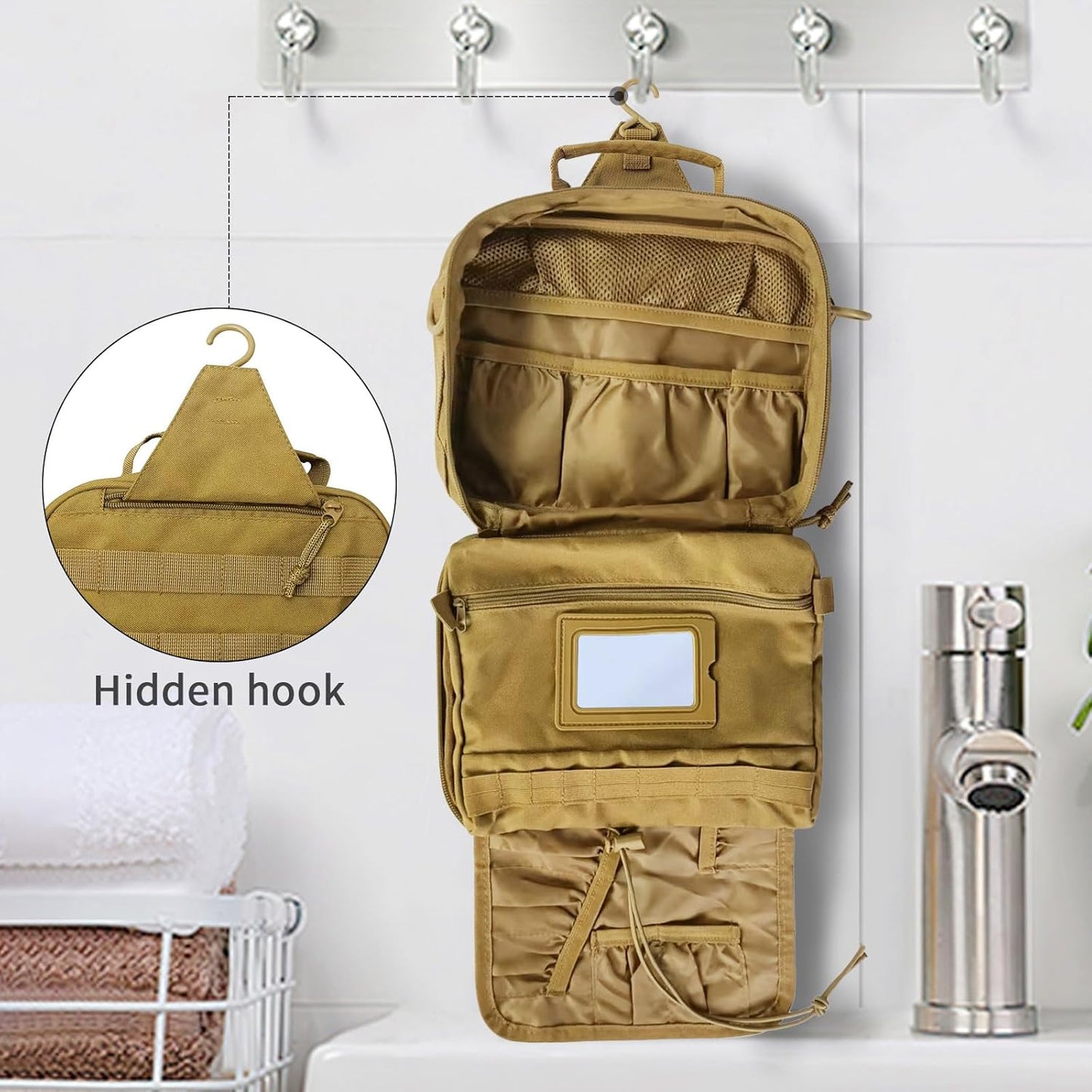 Tactical Travel Toiletry Bag - Hanging Organizer for Men & Women | Dopp Kit for Camping & Short Trips - Khaki
