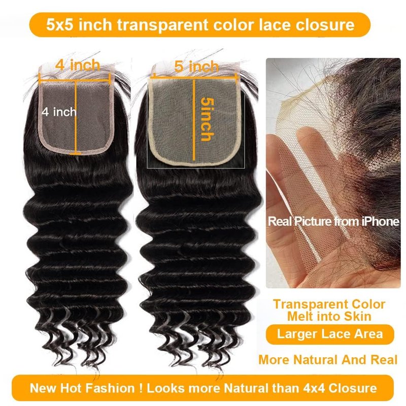 QTHAIR 5x5 Deep Wave HD Lace Closure 16" Invisible Knots 5x5 Swiss Lace Closure Deep Wave Human Hair Pre-Plucked with Baby Hair Curly Closure for Deep Wave Bundles Human Hair