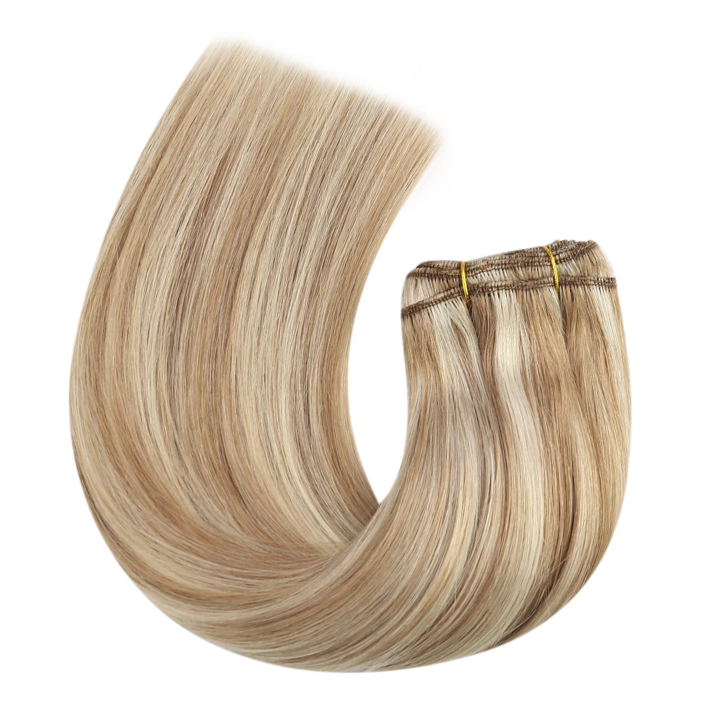 Moresoo Sew in Hair Extensions Real Human Hair Remy Medium Brown with Platinum Blonde Highlight Straight Weft Hair Extensions for Women Natural Blend 14 inch 100G