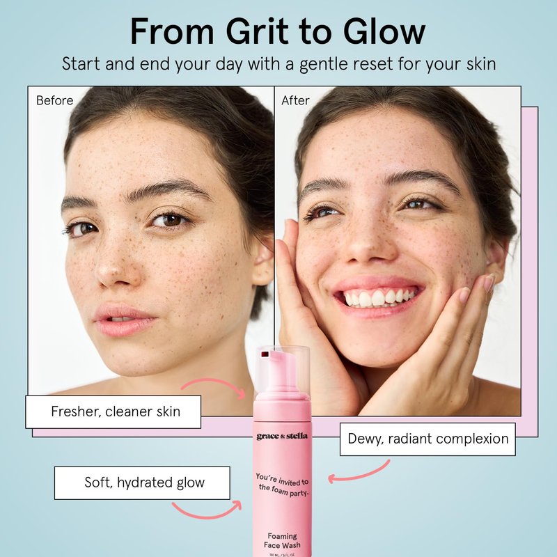 grace & stella Award Winning Hydrating Face Wash (150ml) - Gentle Foaming Facial Cleanser with Hyaluronic Acid, Rose Water, Aloe Vera - Moisturizing Cleansing Foam for Normal to Very Dry Skin - Vegan