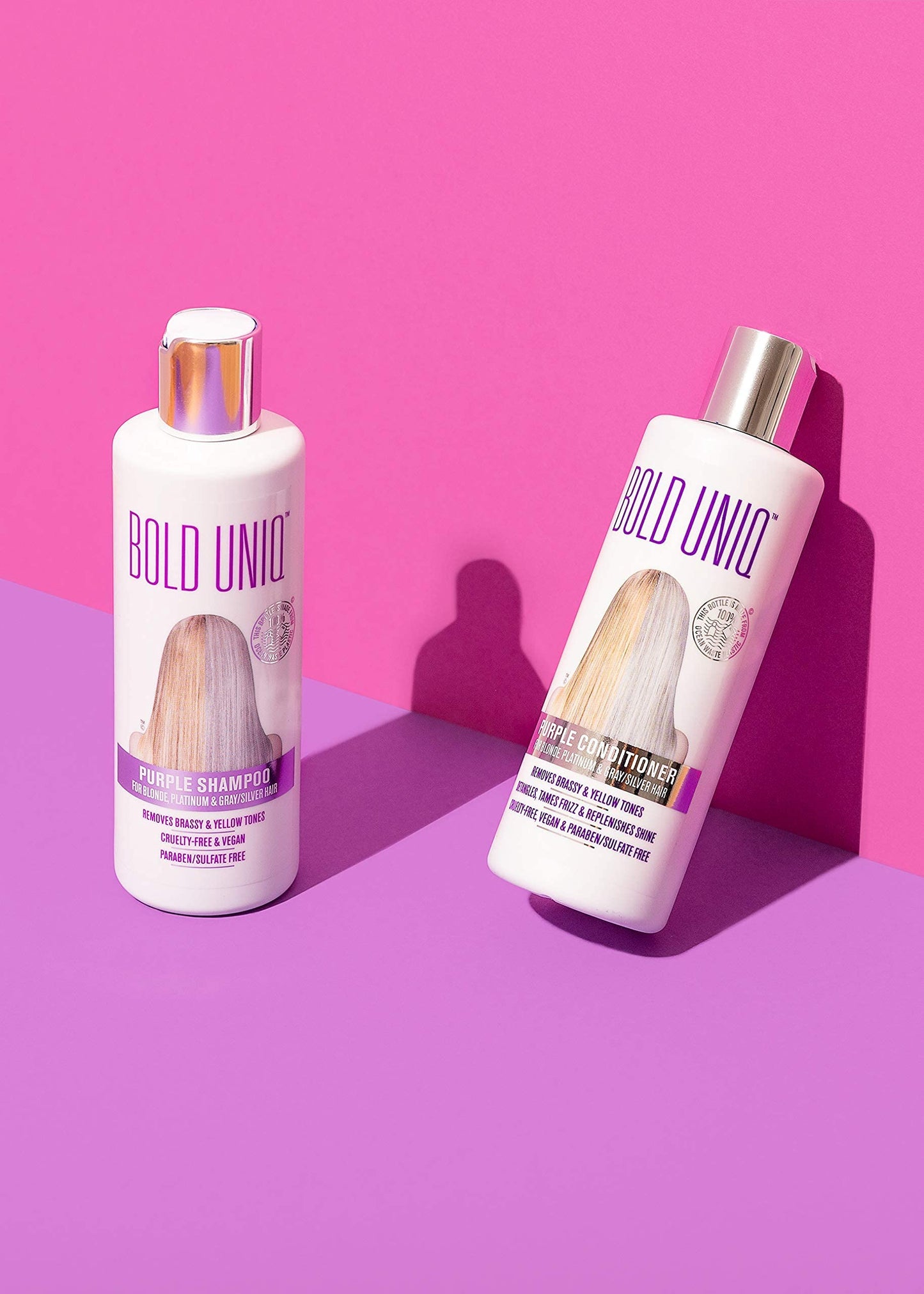 BOLD UNIQ Purple Shampoo & Conditioner Duo - Eliminates Brassy Yellow Tones. Lightens Blonde, Platinum, Ash, Silver and Grays. Paraben & Sulfate Free, Vegan and Cruelty Free.