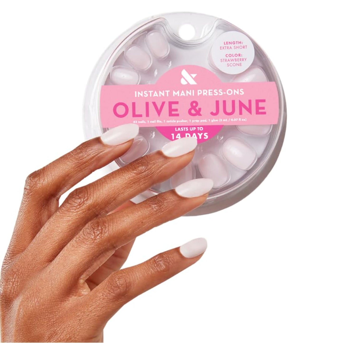 Olive & June Instant Mani Press-On Nails (Glue) | 42 Fake Nails, 21 Sizes | Non-Toxic, Long-Lasting Recycled Materials Realistic Look | Salon-Quality at Home | Extra Short, Round | Strawberry Scone