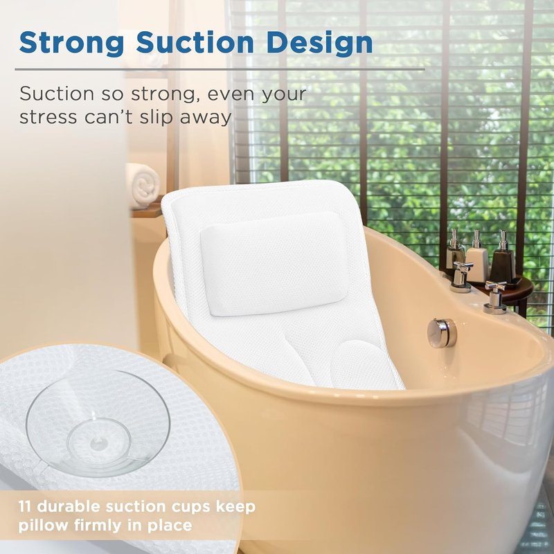 Full Body Bath Pillow - Extra Thick 4D Air Mesh Spa Pillow for Head, Neck & Back Support | Non-Slip Suction Cups, Fits All Tubs - White