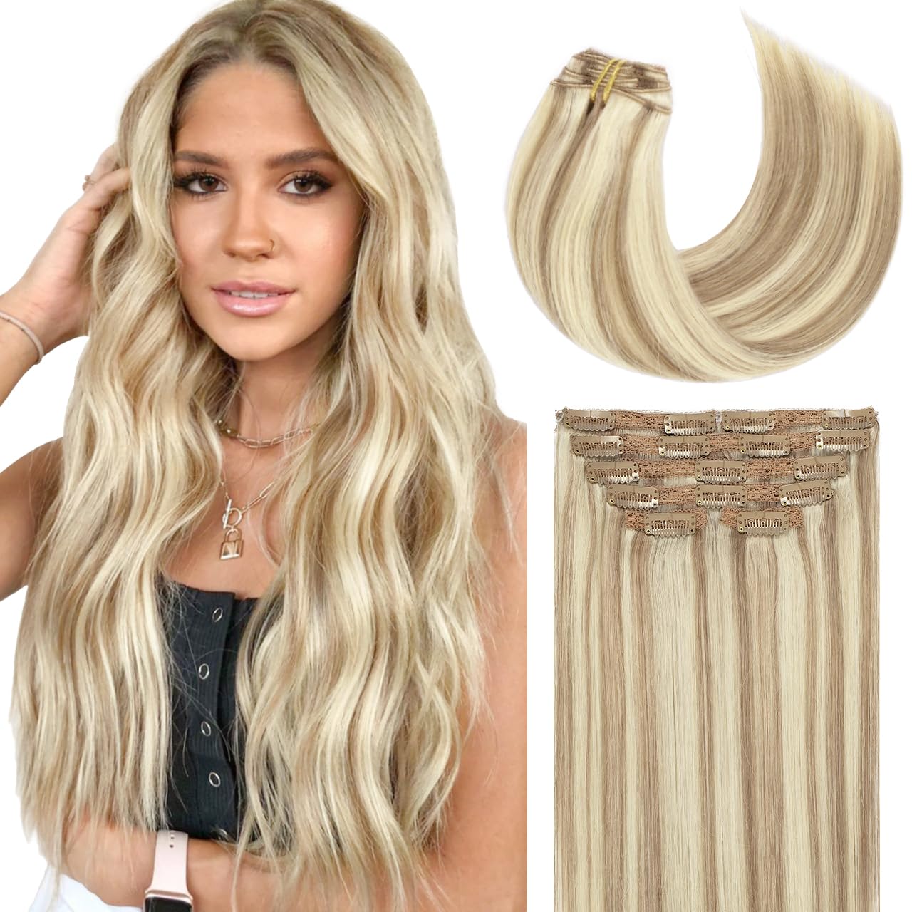 Lacer Clip in Hair Extensions Real Human Hair Thick Straight Hair Light Brown Highlights Platinum Blonde Remy Human Hair Clip in Extensions 120 Gram 7pcs 16 Inch