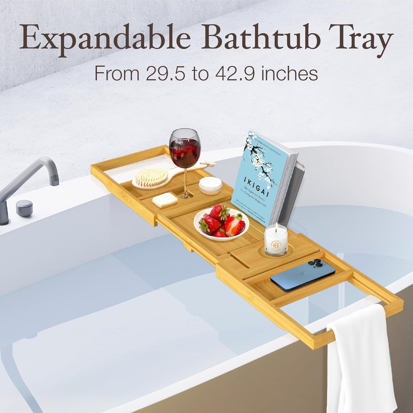 Bathtub Tray - Expandable Bamboo Bath Caddy with Wine Holder & Tablet Stand | Perfect Bathroom Accessory for Relaxation
