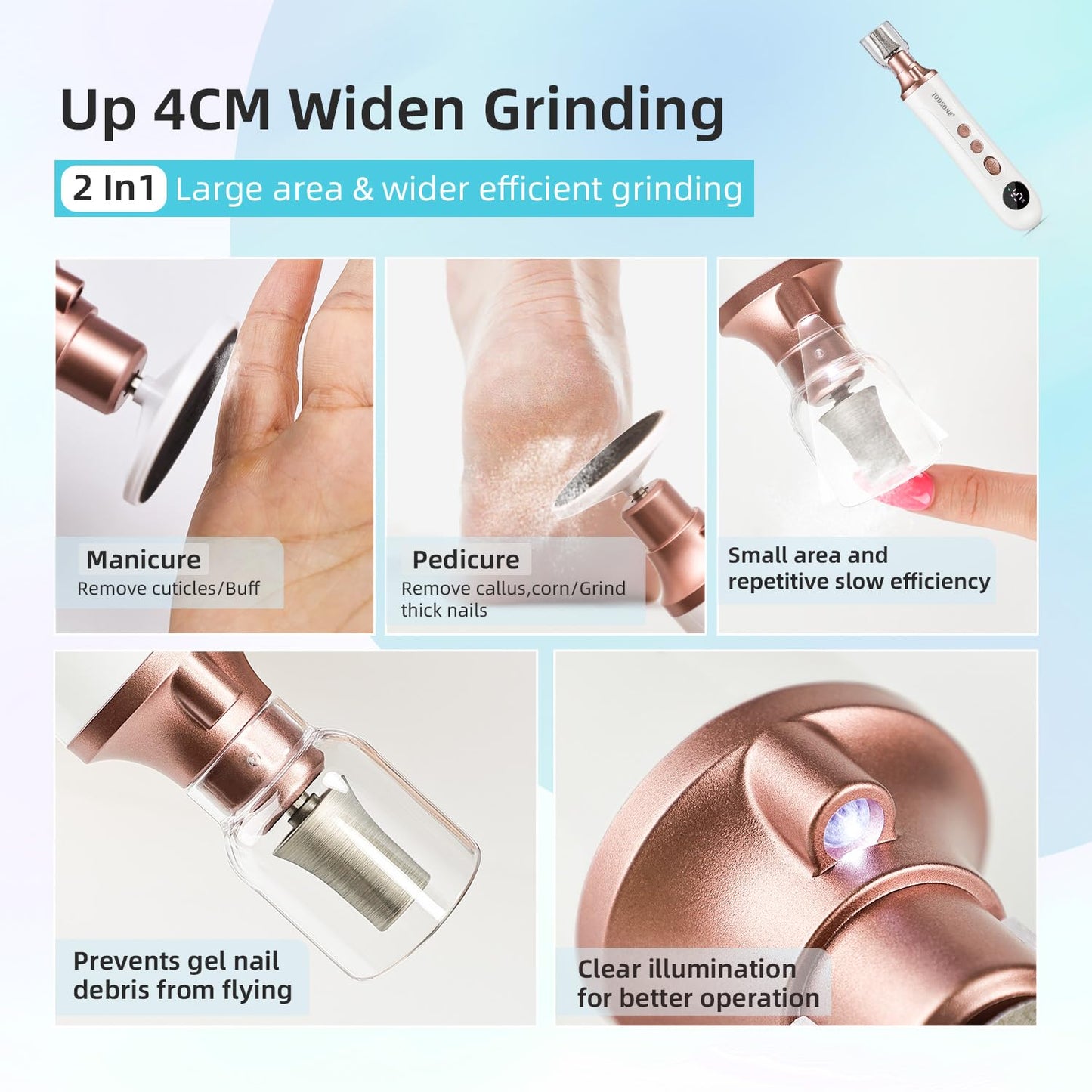 JODSONE Professional Manicure Pedicure Set with 8 Replacement Bits LED 15 Speed Display Multifunctional Rechargeable Cordless Nail Toenail Drill Rose Gold