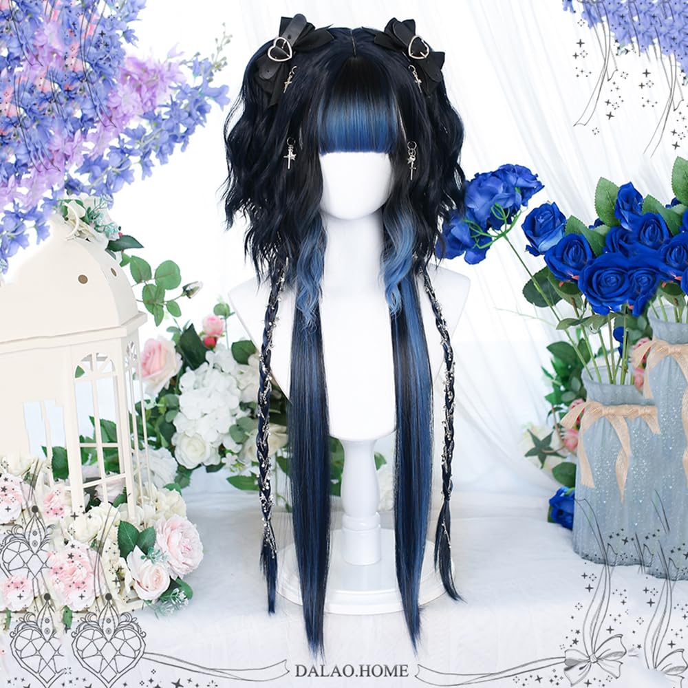 TEDPRBGE Women Curly Wig Jellyfish Head Wig Hime Cut Wigs Braids Sweet Lolita Princess Wigs for Daily Party (Black Blue)