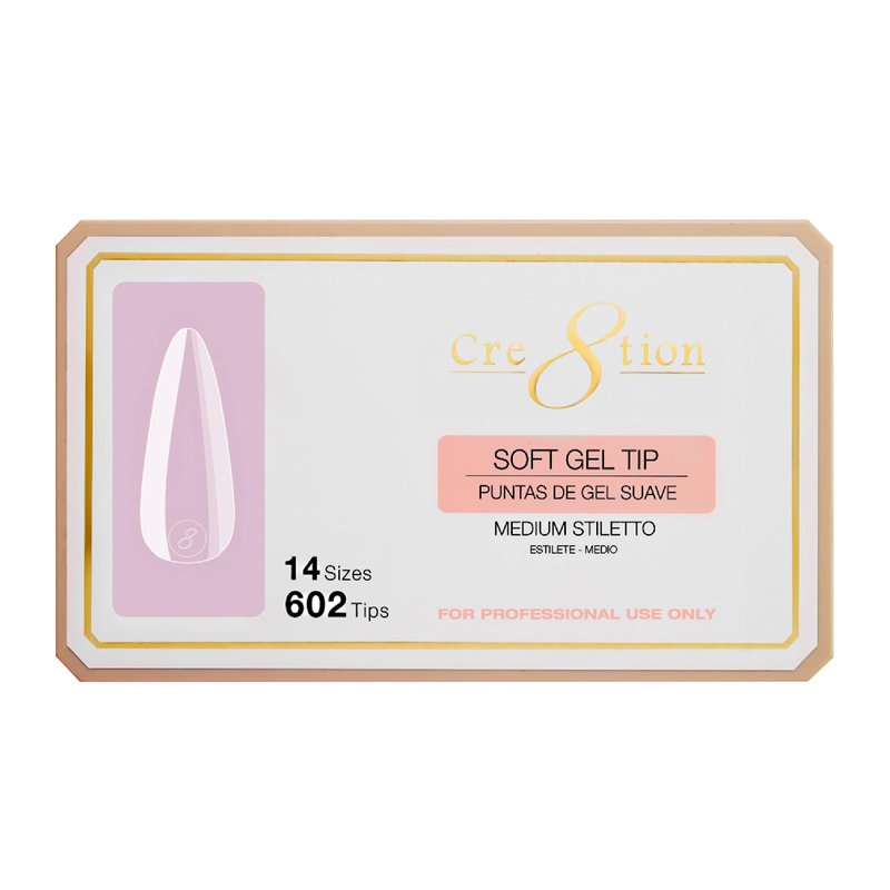 Cre8tion Soft Gel Nail Tips, Medium Stiletto Shape, 602 Tips in 14 Sizes (00-9) for Professional Nail Extensions