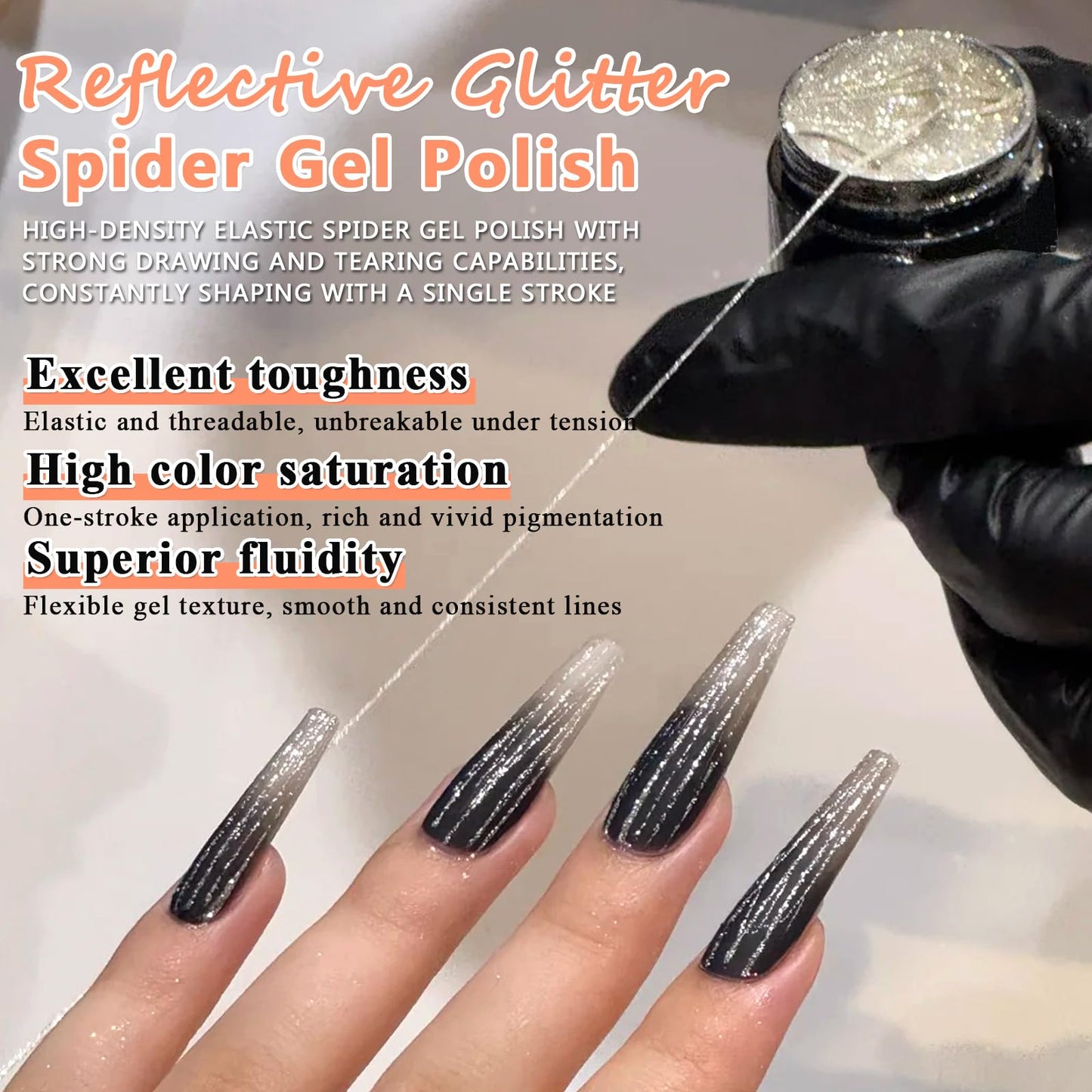 SUTOKAKA Reflective Glitter Spider Gel, 4 Colors Sparkle Diamond Sliver Gold Pink Elastic Spider Gel Polish, Nail Designs Paint Wire Drawing Gels Polish for Line DIY Manicure Home or Salon Use