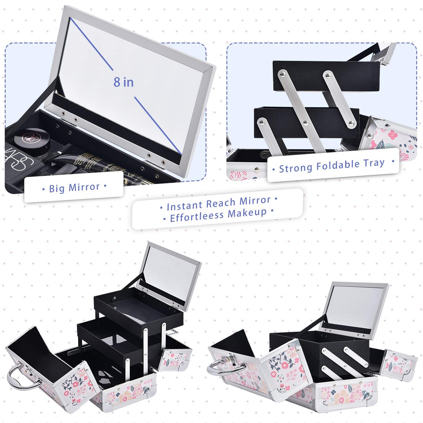 Joligrace Makeup Box Cosmetic Train Case Jewelry Organizer Lockable with Keys and Mirror 2-Tier Tray Portable Carrying Travel Storage Box for Girl - White Floral