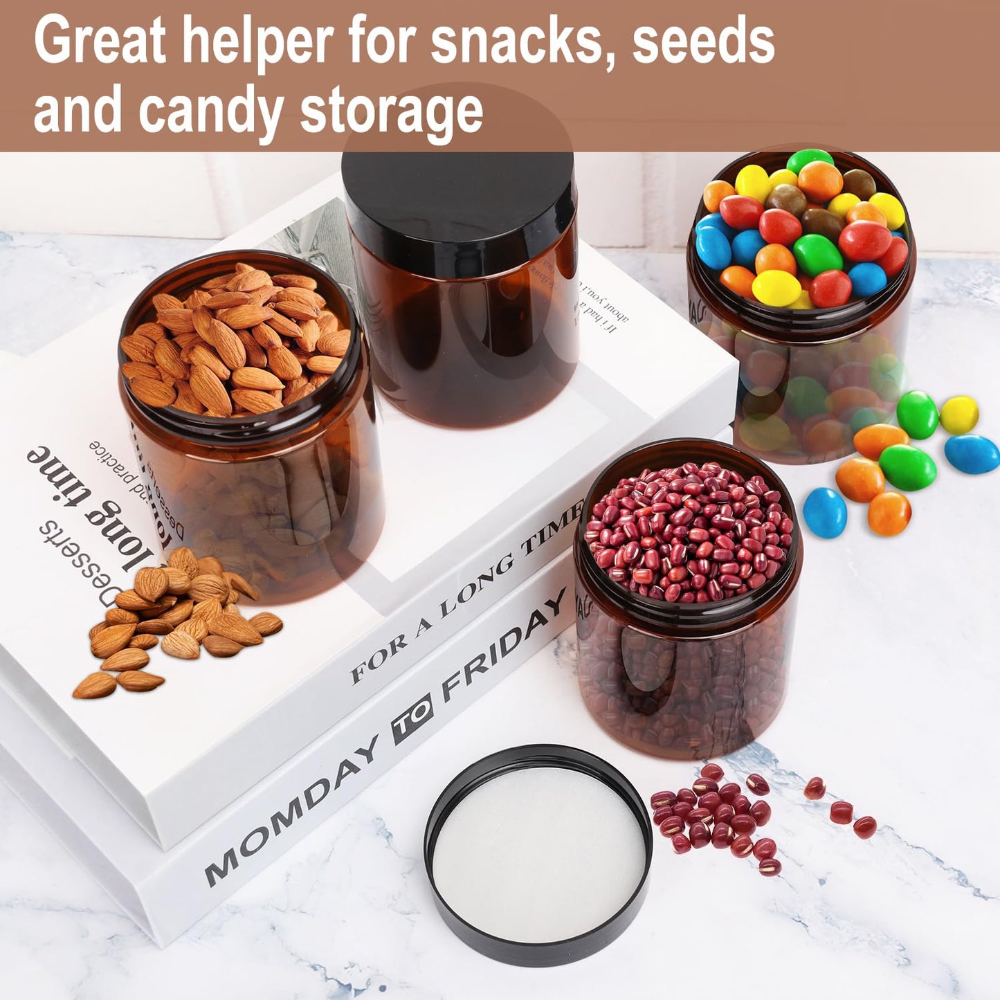 47 Packs 8 oz Plastic Jars with Black Lids, 8 oz Cosmetic Containers jars with Wide-Mouth for beads, rhinestones, sequins Cosmetics, Lotion, Cream, Ointments and More by KUKLIPJIM. (Brown)