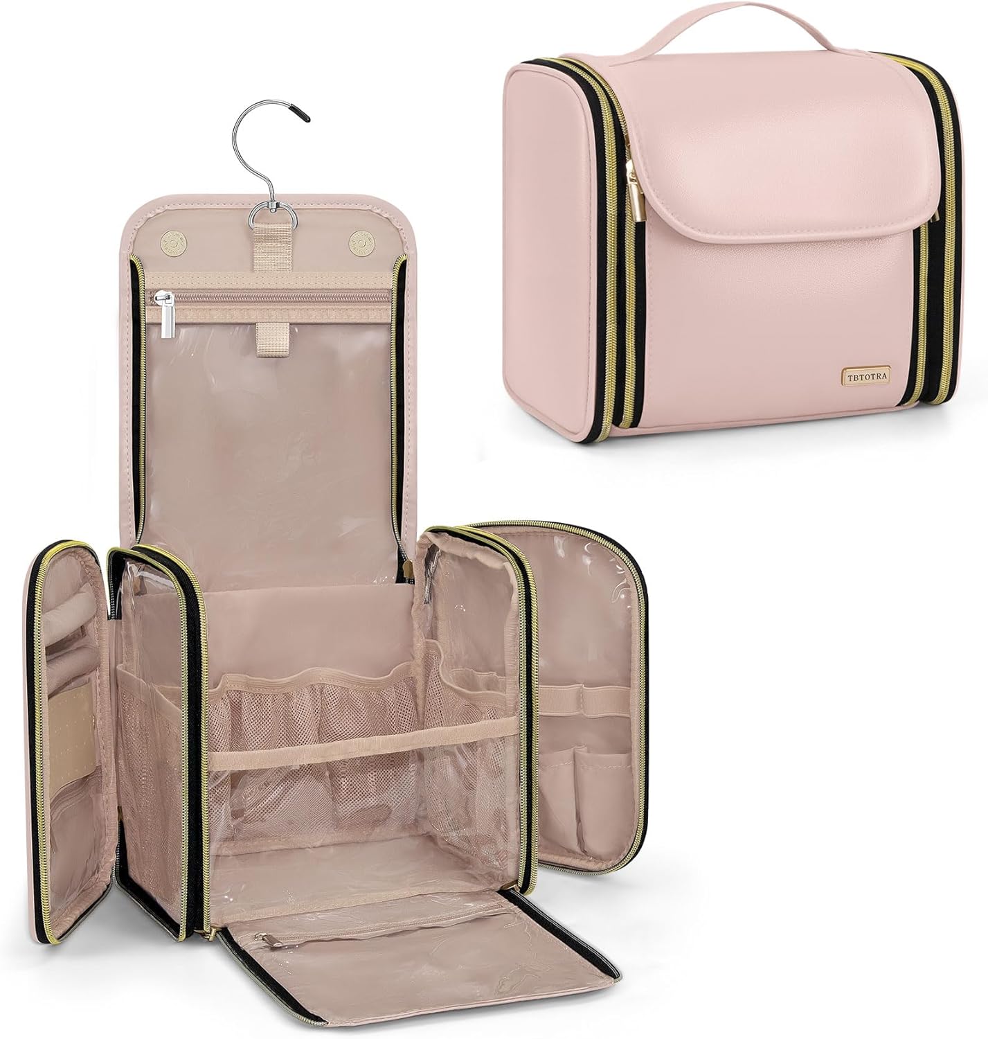 Large Capacity Hanging Toiletry Bag - PU Leather Makeup Organizer with Jewelry Compartment | Pink