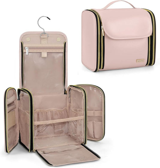Large Capacity Hanging Toiletry Bag - PU Leather Makeup Organizer with Jewelry Compartment | Pink