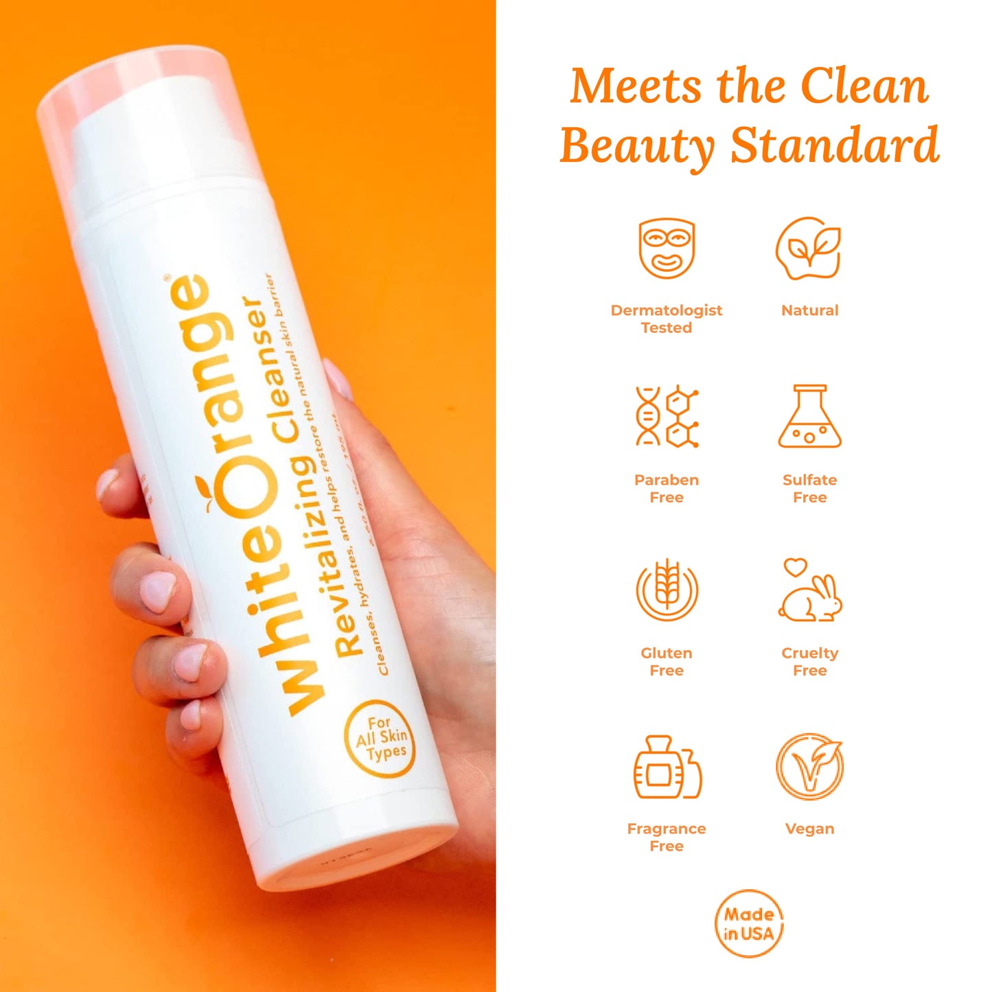 White Orange Revitalizing Cleanser, Ultra Hydrating Facial Cleanser with Hyaluronic Acid and 11 Botanicals including Orange Oil, Sulfate and Paraben-Free
