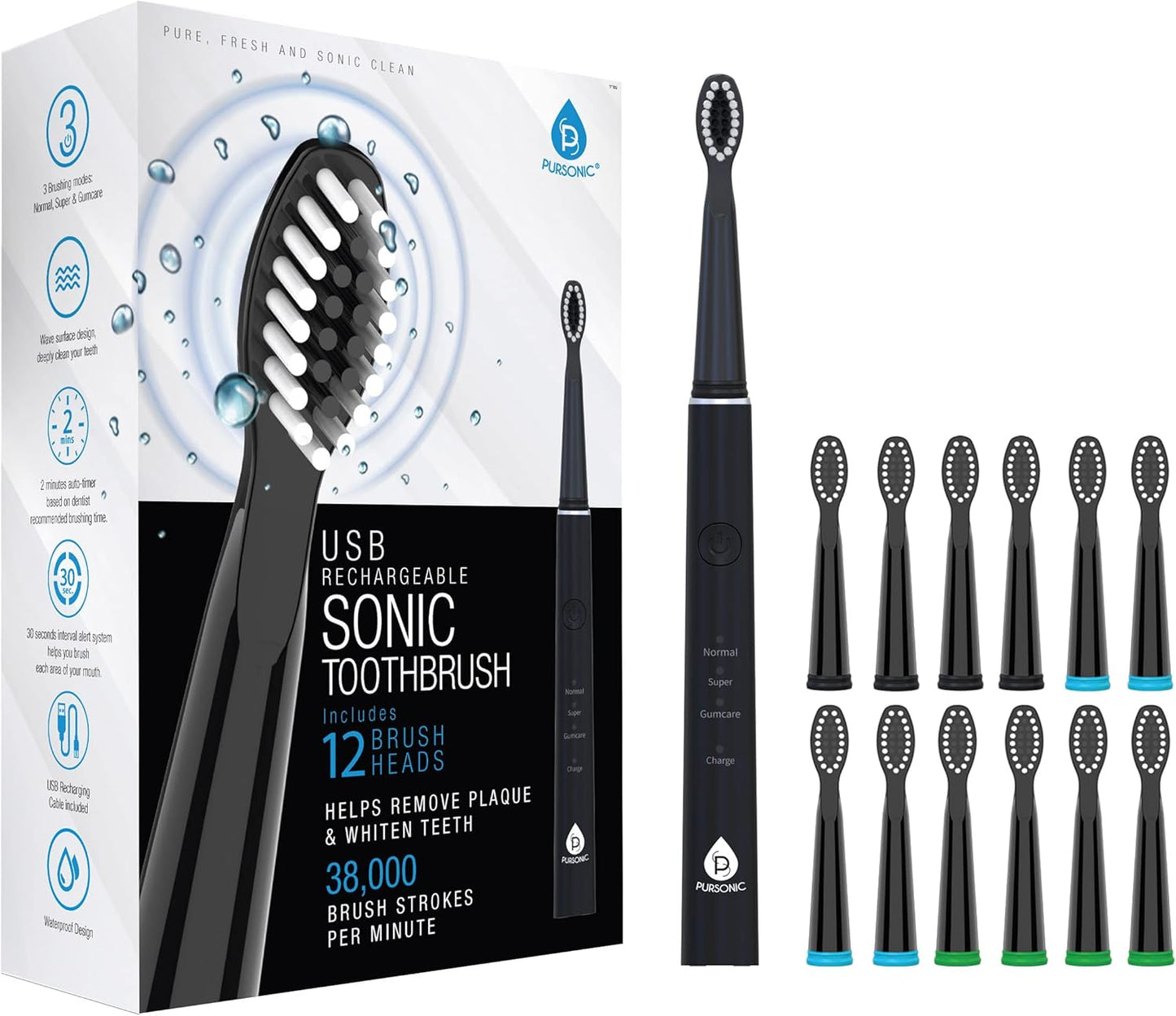Pursonic Sonic Toothbrush - USB Rechargeable with 12 Brush Heads & 38,000 Strokes/Min | 3 Modes & Timer (Black)