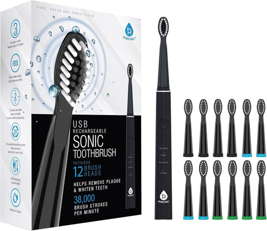 Pursonic Sonic Toothbrush - USB Rechargeable with 12 Brush Heads & 38,000 Strokes/Min | 3 Modes & Timer (Black)