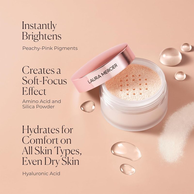 Laura Mercier Translucent Loose Setting Powder - Talc-Free, Ultra-Blur Finish, Hyaluronic Acid Infused | Tone-Up Rose, Velour Puff Bundle