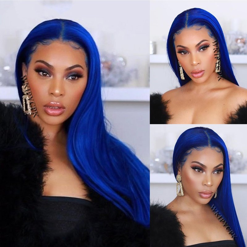 WKIPYCPK Blue Synthetic Lace Front Wig, Long Straight Dark Blue Lace Front Wig Pre Plucked Natural Hairline, Heat Resistant Fiber Hair Navy Blue Lace Front Synthetic Wigs for Fashion Woman