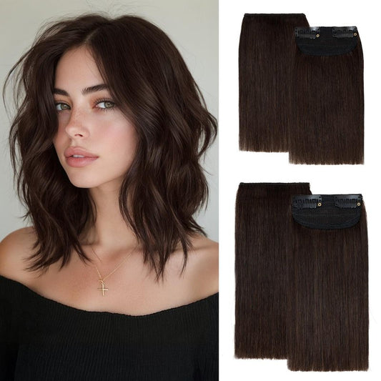 Clip in Short Hair Extensions Real Human Hair,Prokyvity Invisible Human Hair Clip in Extensions Short,(6inch&8inch)4 pieces Mini Extensions for volume or highlight,Dark Brown