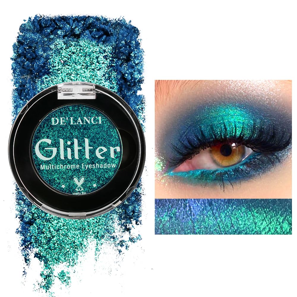 DE'LANCI Duo Chrome Green Eyeshadow Single, Multichrome Green Glitter Eye Shadow Intense Pigmented, Metallic Emerald Shimmer Blue Peacock Teal Eyeshadow for Festival Everyday Eyes Makeup, Long-Lasting