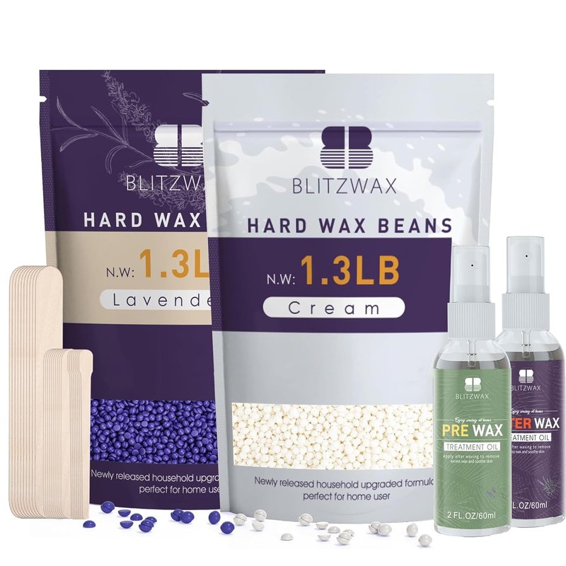 BLITZWAX Hard Wax Beads - Lavender & Cream for Sensitive Skin | 2.6lbs with 30 Sticks & 2 Oils