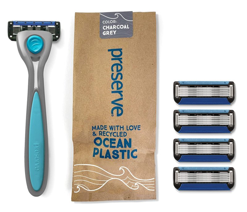 Preserve POPi Shave 5 Razor System - Eco-Friendly Ocean Plastic | Charcoal Grey & Replacement Cartridges (4 Count)