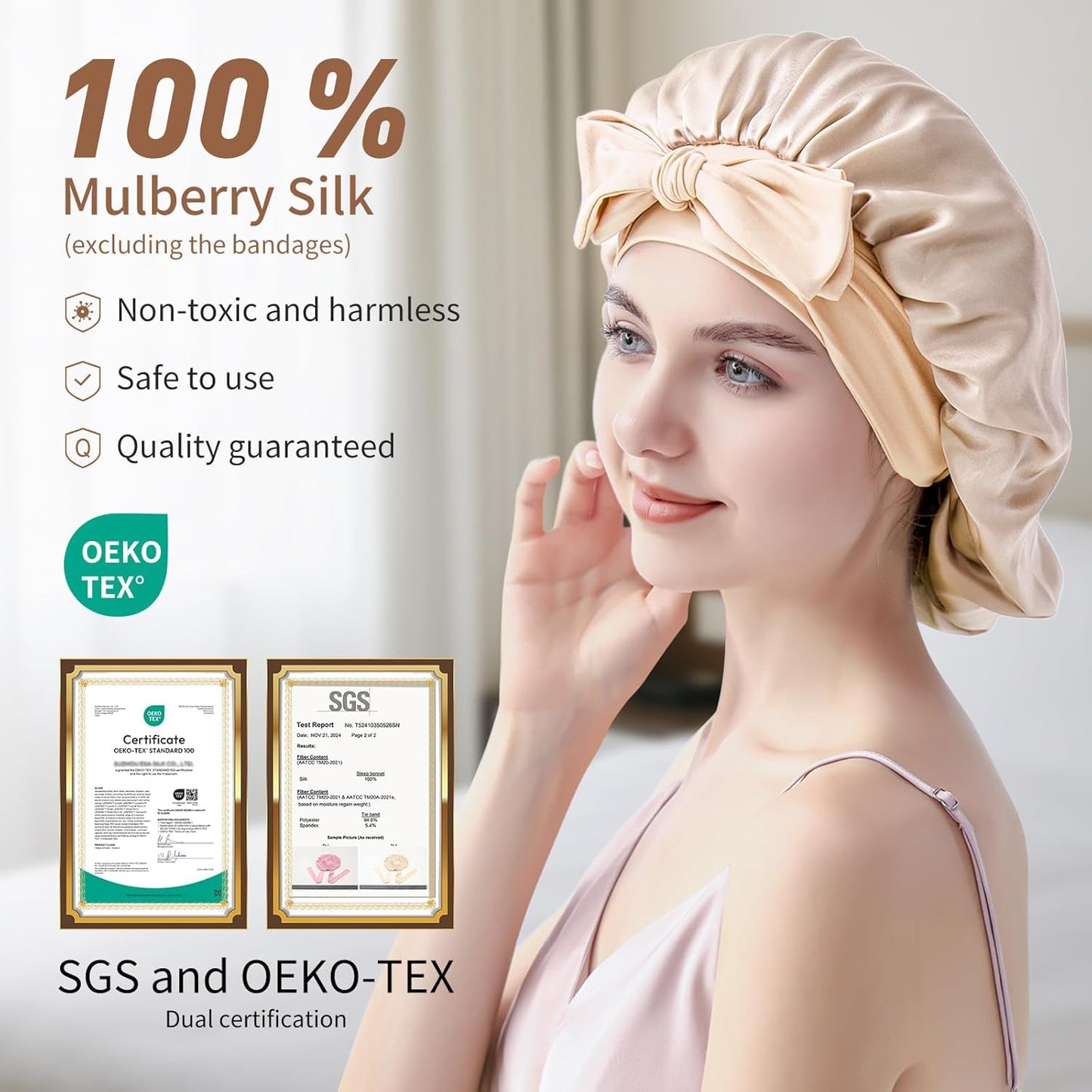 Silk Bonnet for Sleeping | 22 Momme 100% Mulberry Silk Sleep Cap - Double-Layer Reversible Hair Wrap for All Hair Types - Champagne