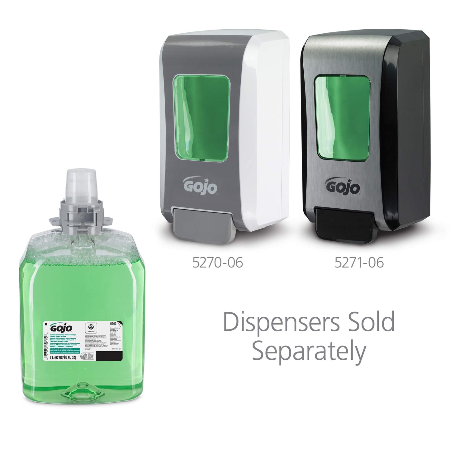 GOJO Green Certified Foam Hand, Hair & Body Wash, Cucumber Melon Scent, 2000 mL Refill FMX-20 Push-Style Dispenser (Pack of 2) - 5263-02