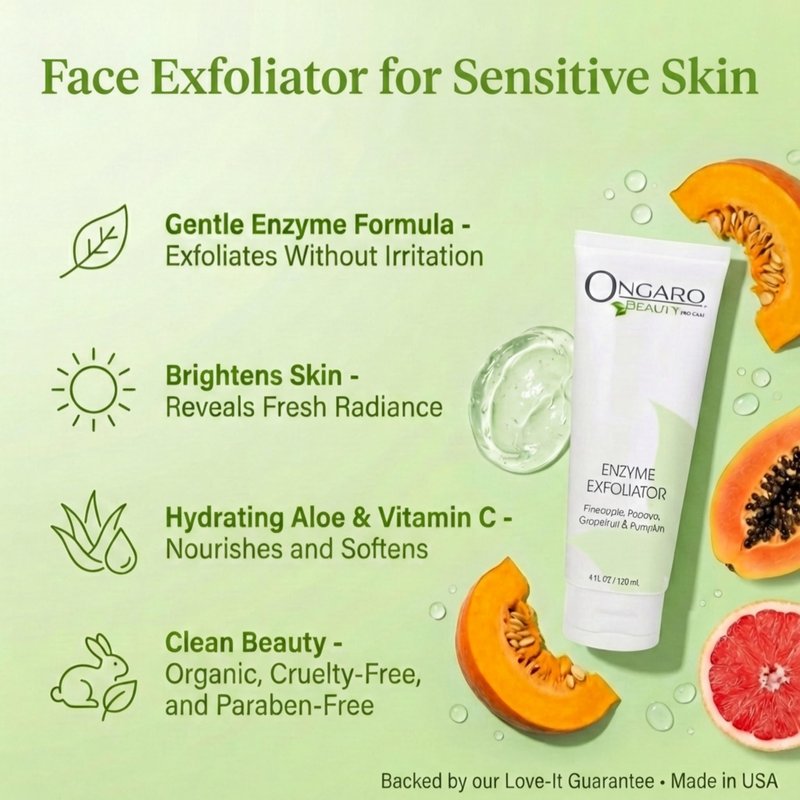 Ongaro Beauty Organic Face Scrub - Natural Exfoliating Face Wash & Enzyme Peel for Sensitive Skin - Facial Scrub Exfoliator for Women & Men - Clear Acne & Unclog Pores - Smooths & Brightens - 4 FL OZ