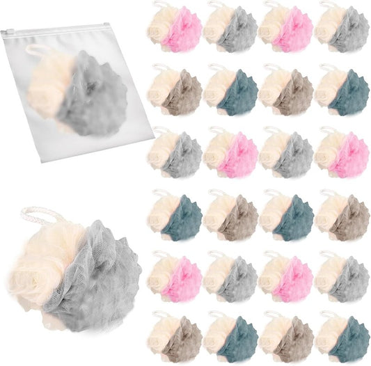 Travel Loofah Set - 24 Pack Mini Shower Poufs | 4-Inch Multicolor Bath Sponges