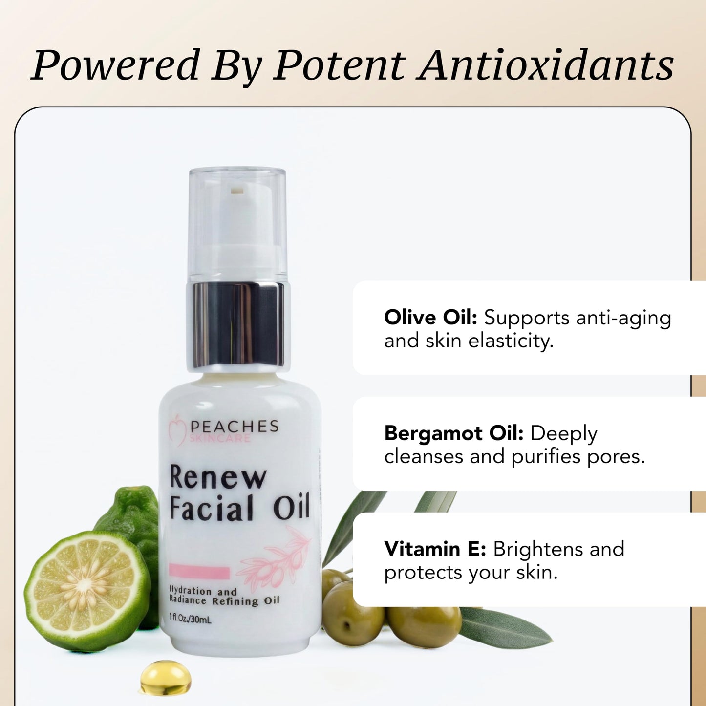 Peaches Skin Care Renew Facial Oil – Squalene-Rich Olive Oil for Face with Vitamin C and E – Nourishing Formula for Balanced, Smoother-Looking Skin – 1 oz