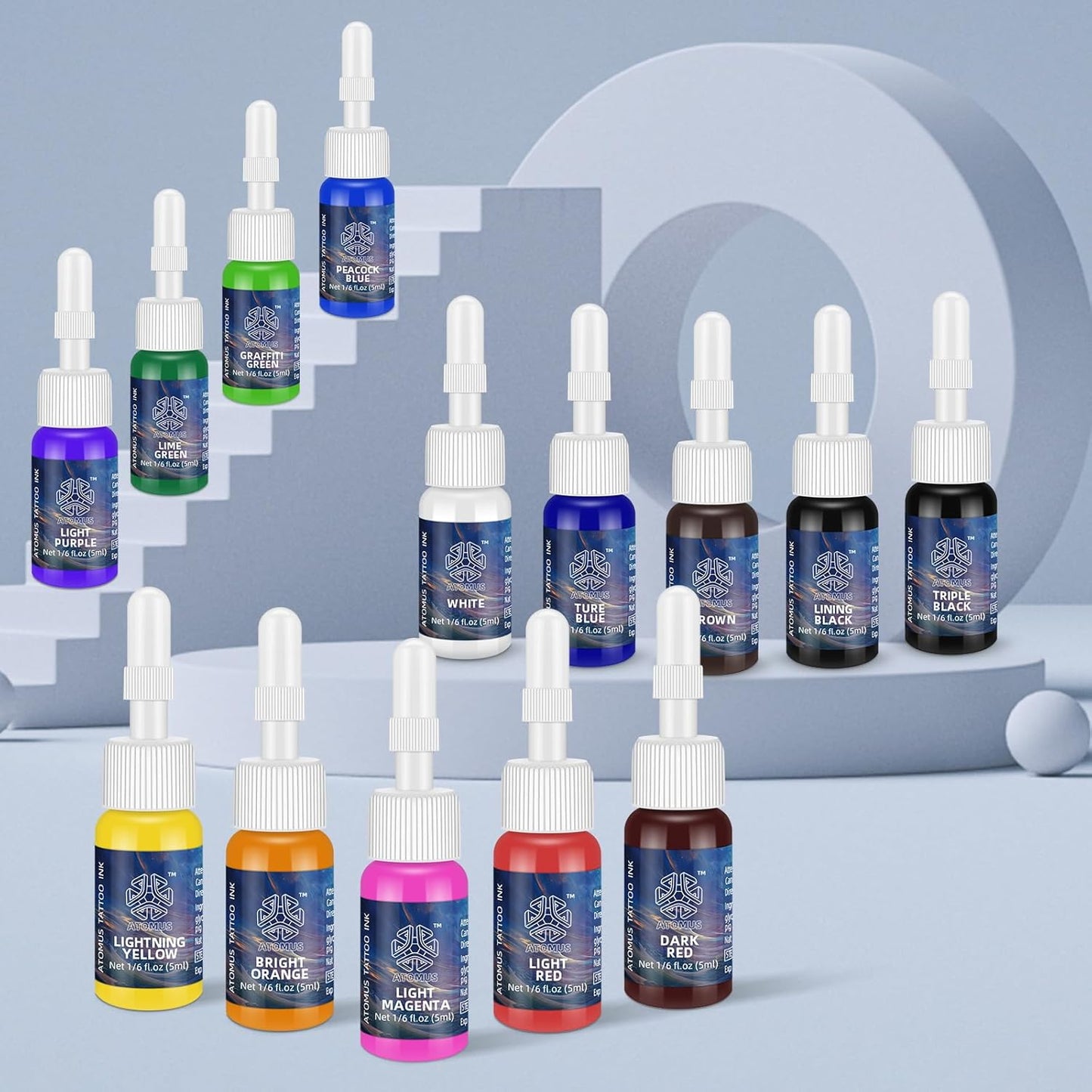 ATOMUS Tattoo Ink Kit - Natural Plant-Based Pigment Set for Permanent Makeup | 14 Colors, 1/6 oz