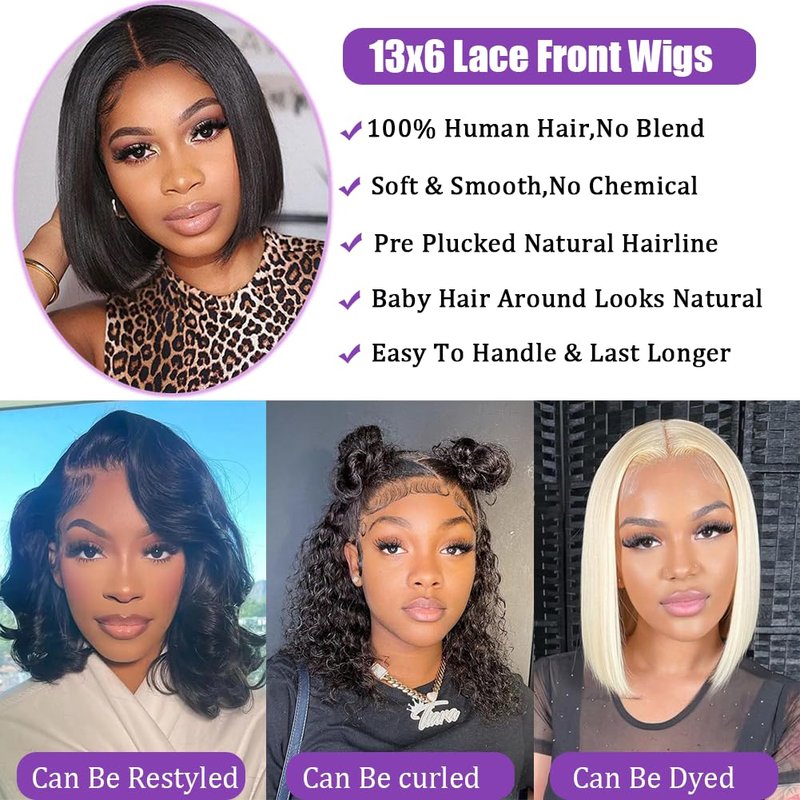 Human Hair Bob Wig - 13x6 Lace Front, 180% Density, 10 Inch for Black Women