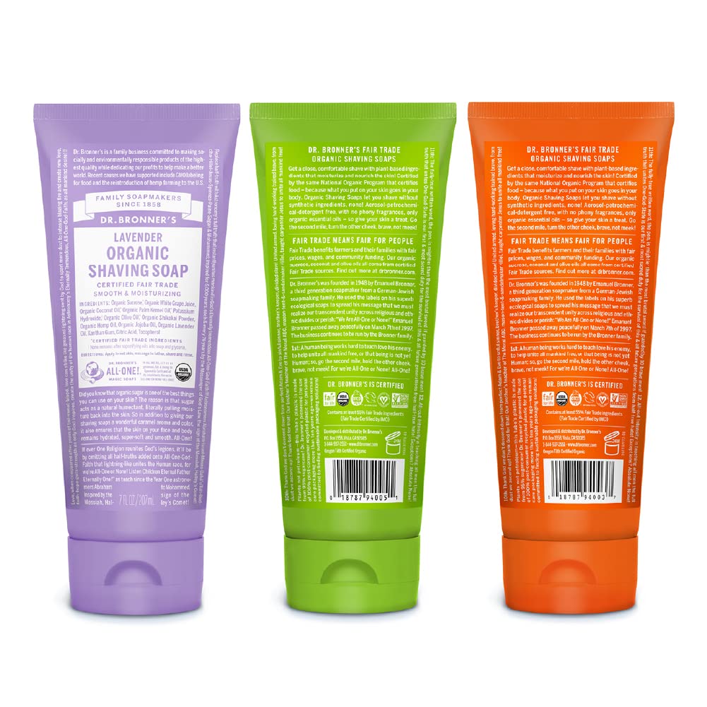 Dr. Bronner's Organic Shaving Soap– 3 Pack Variety, 7oz (Lavender, Tea Tree, Lemongrass)– Moisturizing Shave Soap for Men & Women– Certified Organic Sugar & Shikakai– For Face, Underarms & Legs