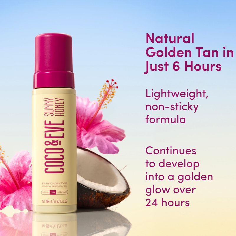 Coco & Eve Sunny Honey Self Tanner Foam - (Dark) Fast Drying, Streak-Free Sunless Tanning Mousse, Tropically Scented Lightweight Natural Looking Tan, Non-Sticky, Vegan, Cruelty Free | 6.7 Fl Oz