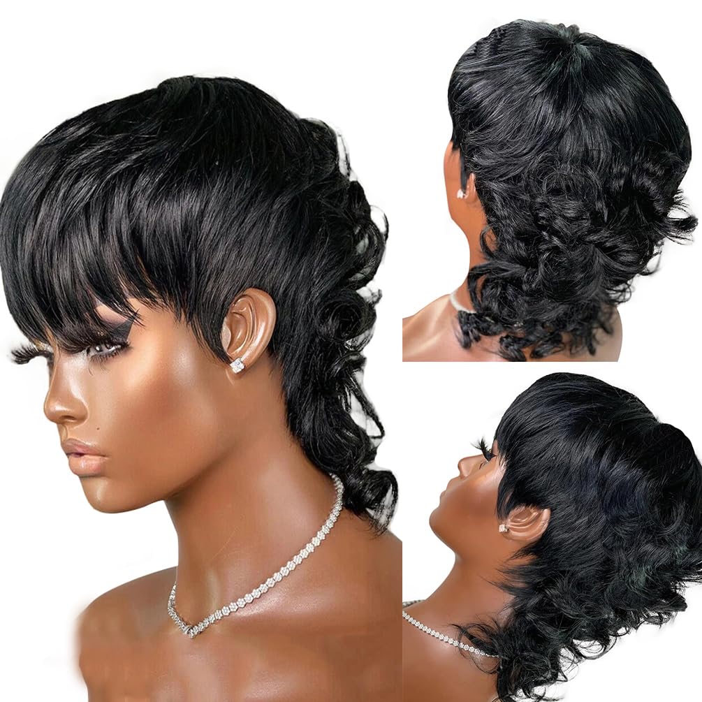 Msviki Mullet Full Machine Made Human Hair Wigs For Women Glueless Pixiecut Curly Wigs With Bangs Body Wave Brazilian 100% Virgin Human Hair Wig Dovetail Wear And Go Human Hair Wigs 180% Density