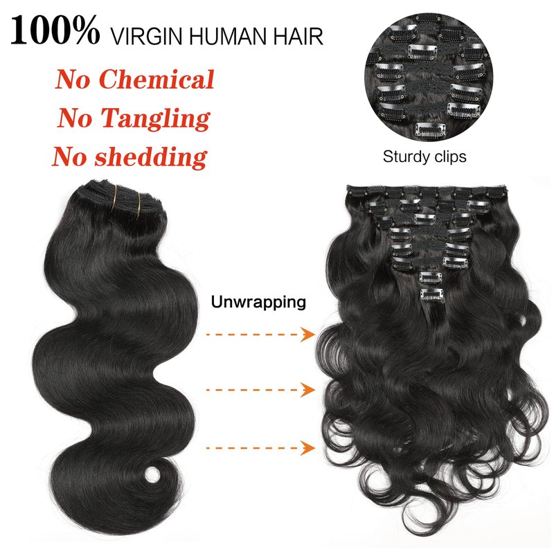 Yacurcur Body Wave Clip Ins Human Hair 8Pcs/Set 120 Gram Body Wave Clip in Hair Extensions 10A Brazilian Virgin Human Hair for Black Women Natural Black Color 22 Inch