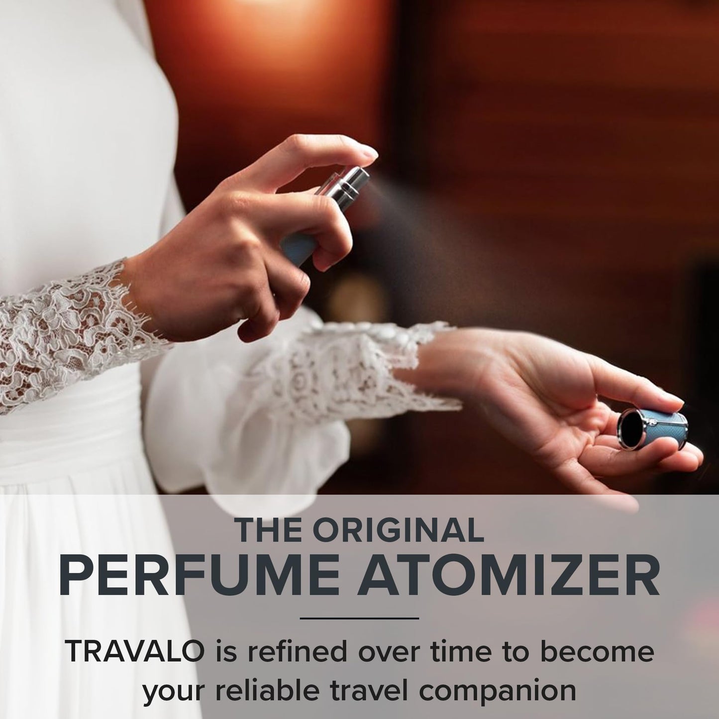 Travalo Milano Perfume Atomizer - Leak-Proof and TSA Approved for Air Travel - Reusable, Airtight, Easy Fill Mini Pump Sprayer - Lightweight, Vegan Leather with Polished Metal Outer Shell - Blue