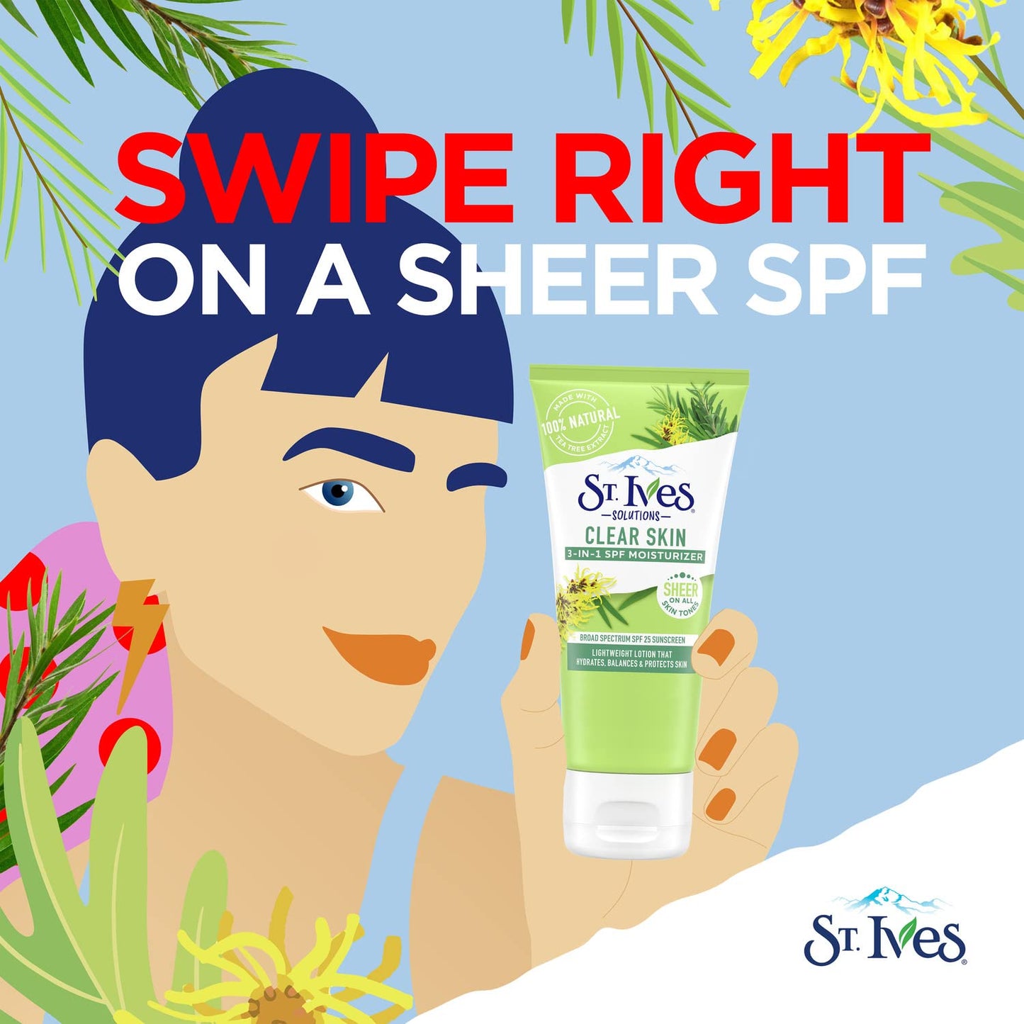 St. Ives Clear Skin Lotion - 3-in-1 SPF 25 Face Moisturizer for Acne-Prone Skin | Lightweight Daily Lotion with Tea Tree & Witch Hazel, 3 Fl Oz