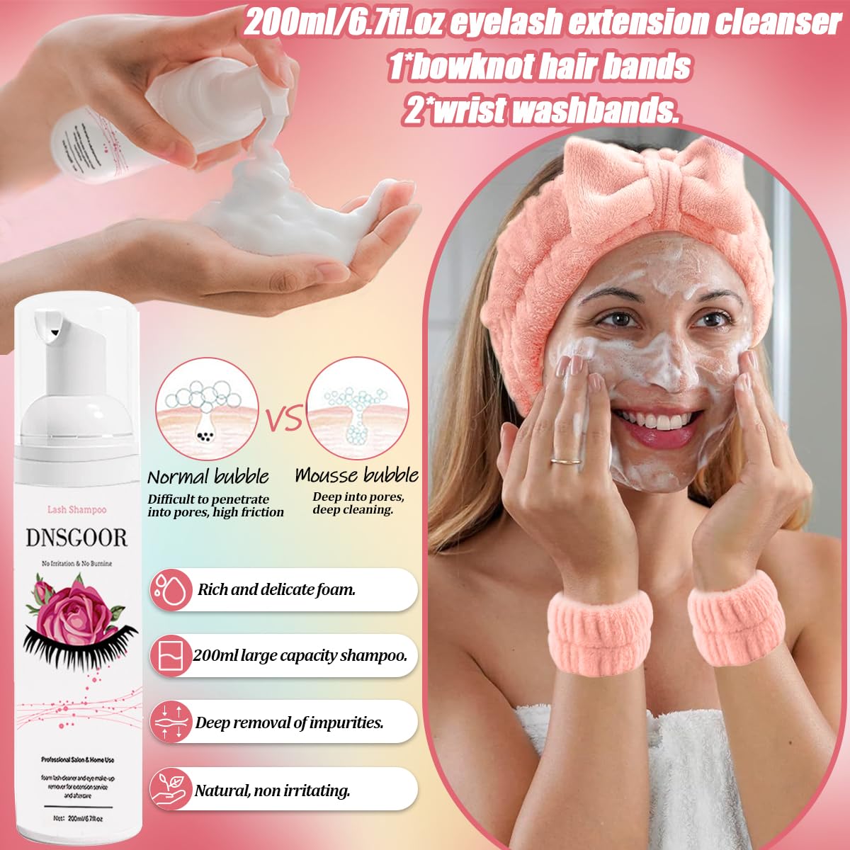DIY Lash Extension Kit with 280 PCS 9-16mm 40D Lashes Clusters 200ml/6.7fl.oz Lash Cleanser Eyelash Shampoo Mini USB Portable Lash Fan Bond and Seal Remover Eyeliner Eyelid Cleaning Brush