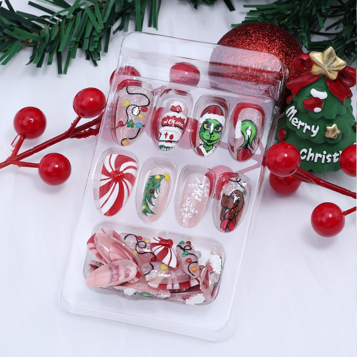 30Pcs Christmas Press on Nails Medium Almond Fake Nails with Colorful Rhinestones Light Strip Xmas Tree Cartoon Design Cute Holiday Stick on Nails 3D Handmade Christmas False Nails for Women Grils DIY
