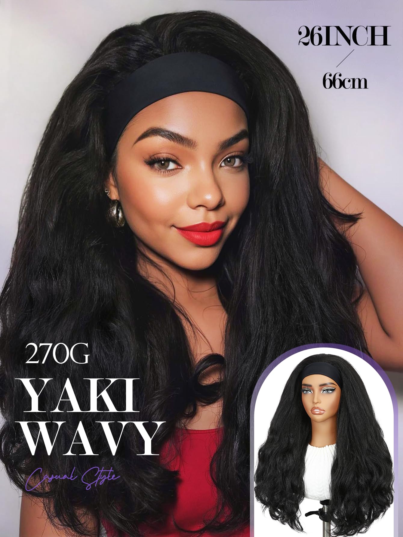 FANCEE Yaki Wavy Headband Wigs for Black Women 26 Inch Black Kinky Straight Wear and Go Wig with Curly Wavy Ends Synthetic Glueless Half Wig with Headbands Attached Blow Out Style Natural Hair Texture