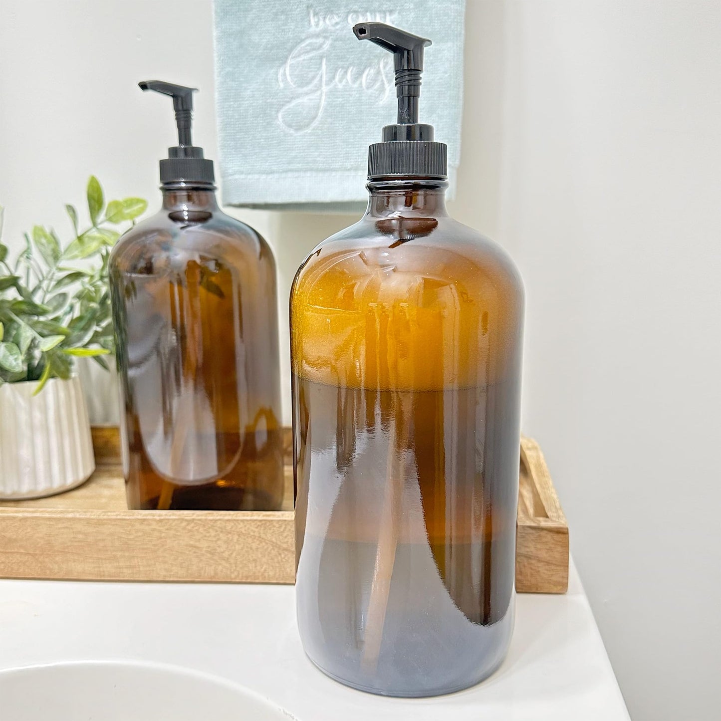 Cornucopia Brands 32-Ounce Amber Glass Lotion Pump Bottles (2-Pack); Quart Size Brown Bottles w/Black Plastic Locking Pump Dispensers; Includes Chalk Labels