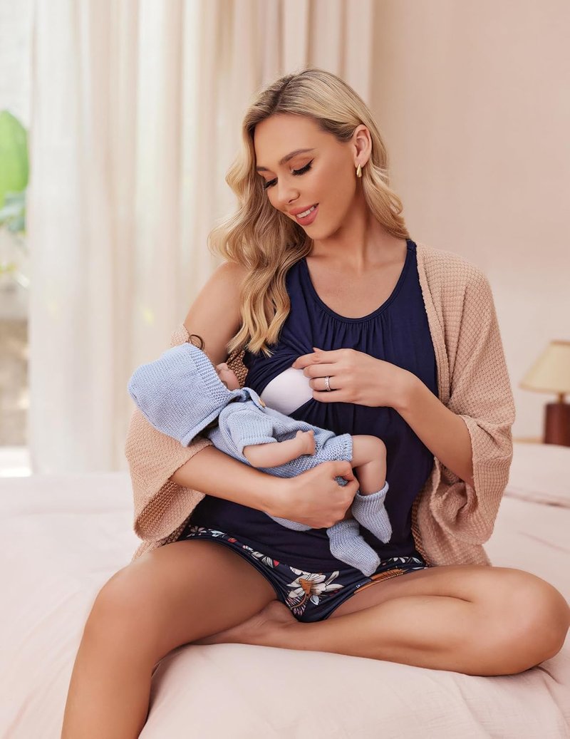 Ekouaer Maternity Nursing Pajama Set - Breastfeeding Sleeveless Top & Shorts with Pockets | Comfortable Pregnancy PJs