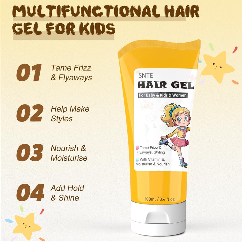 Samnyte Hair Gel for Kids - Nourishing Flyaway Tamer with Vitamin E | Flexible Hold for Boys & Girls, 3.4 Fl Oz