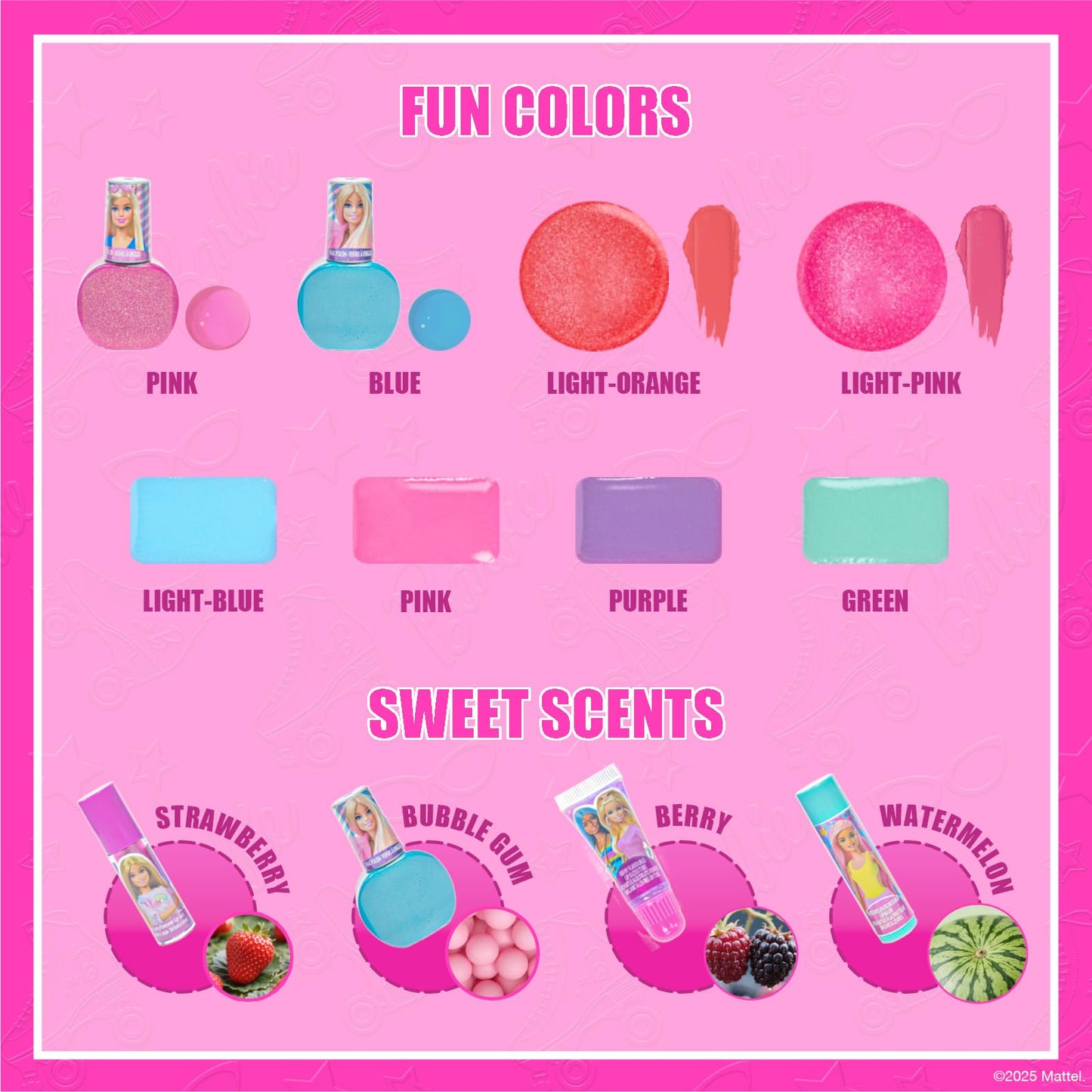 Barbie Makeup Set for Kids Girsl with Train Case, Includes Nail Polish, Lip Gloss and more, Kids Makeup Kit for Girls, Play Makeup, Party Favor, Birthday, For Kids Ages 3+, by Townley Girl